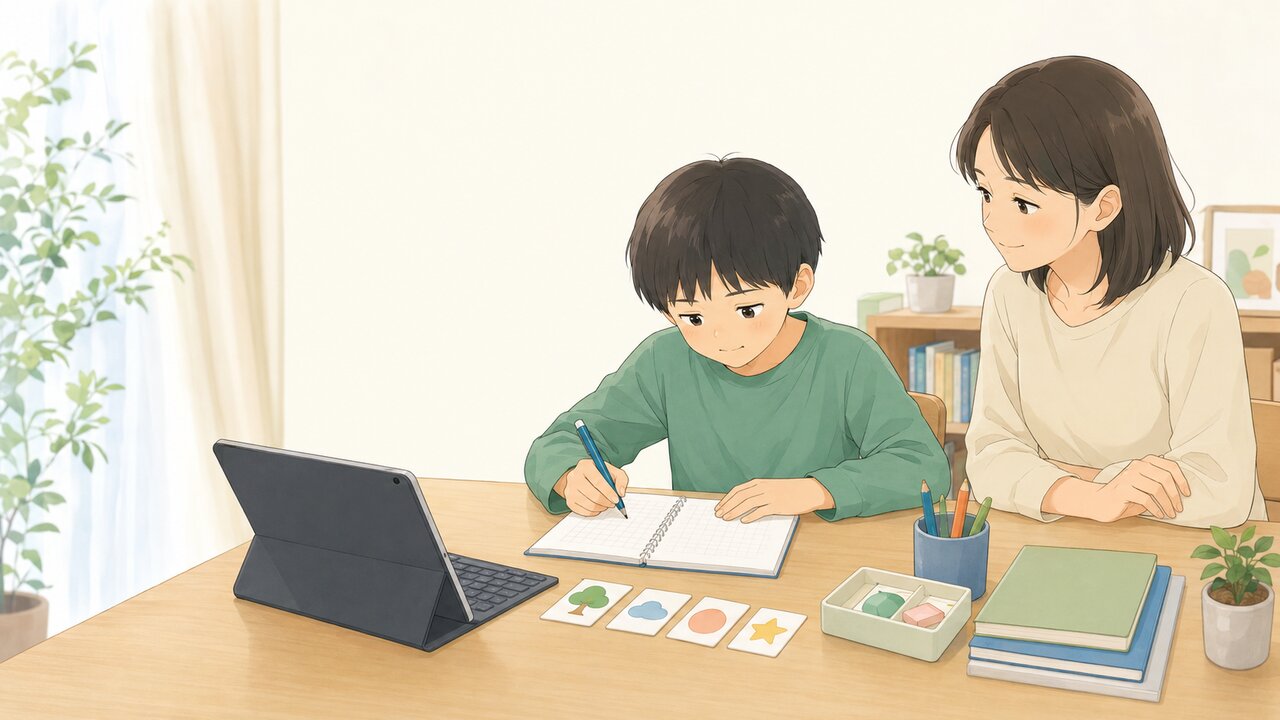 ノートへの筆記とタブレット入力を使いながら、支援者と一緒に学ぶ子どものイラスト