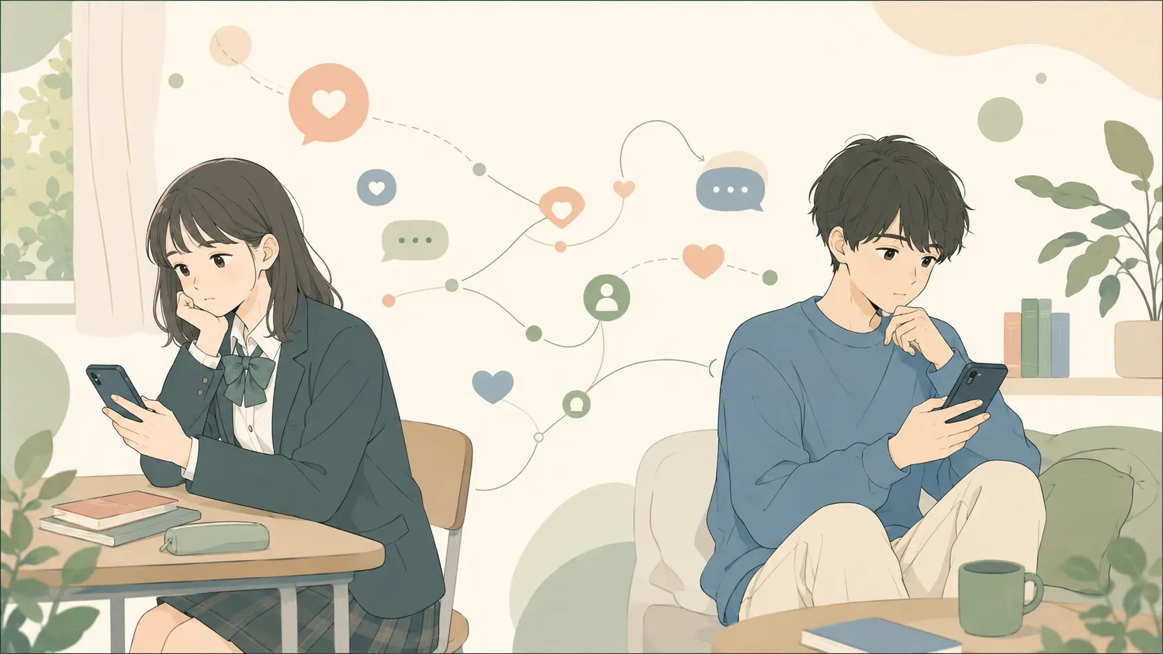 スマートフォンを見ながら人とのつながりについて考える高校生と大学生のイラスト