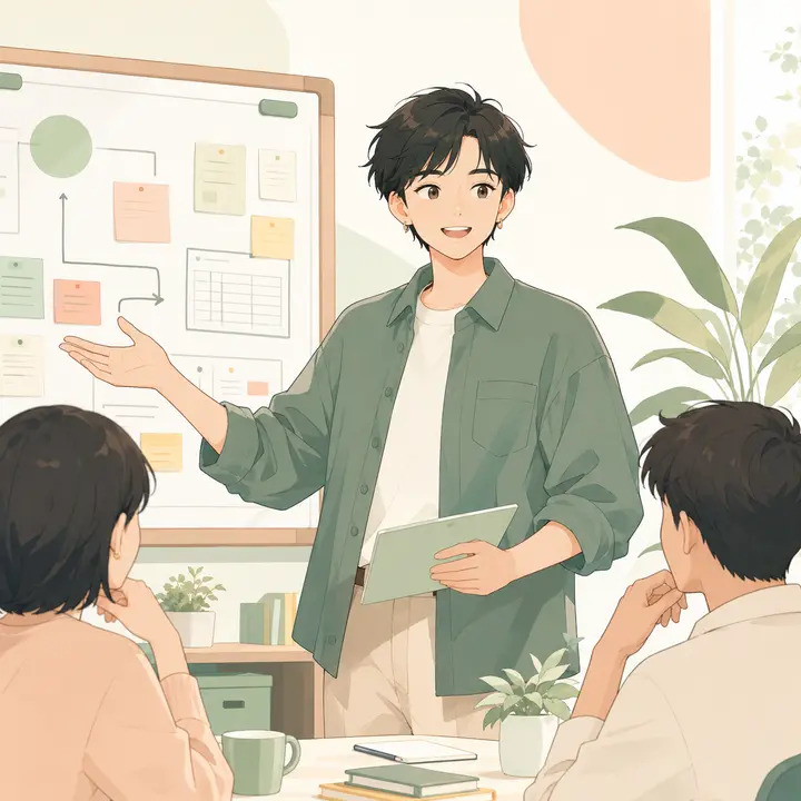 計画を説明する行動派オーガナイザーのイラスト