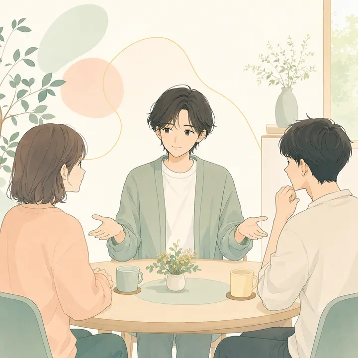 二人の話を穏やかに調整する人物のイラスト