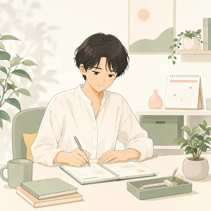 整った机で計画的に作業する落ち着いた実務家のイラスト