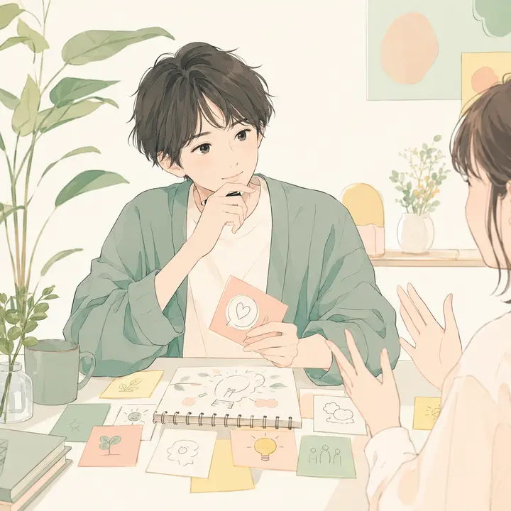 相手の話を聞きながらアイデアを考える人物のイラスト