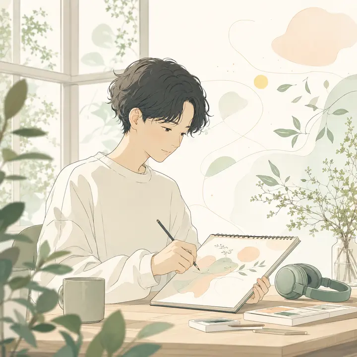 窓辺で静かに創作するクリエイターのイラスト