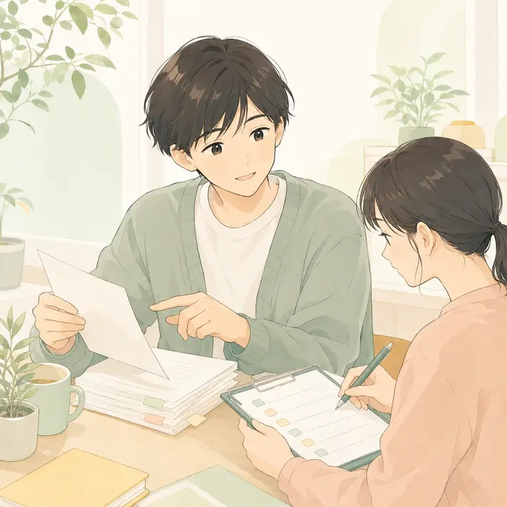 相手の作業を丁寧に支える誠実なサポーターのイラスト